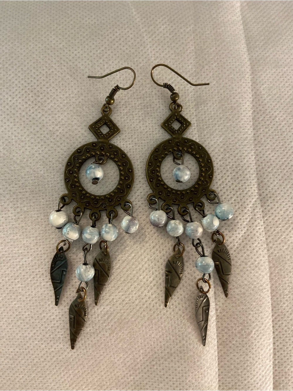 Bohemian Bronze Tone Dangle Earrings w/ Light Blue Beads